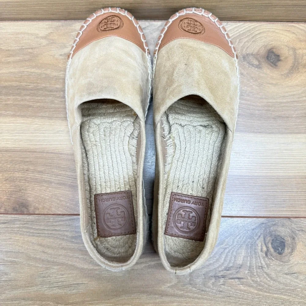 Tory Burch Espadrilles Flats 7 Tan Suede Cap Toe Slip On Vacation Resort Summer